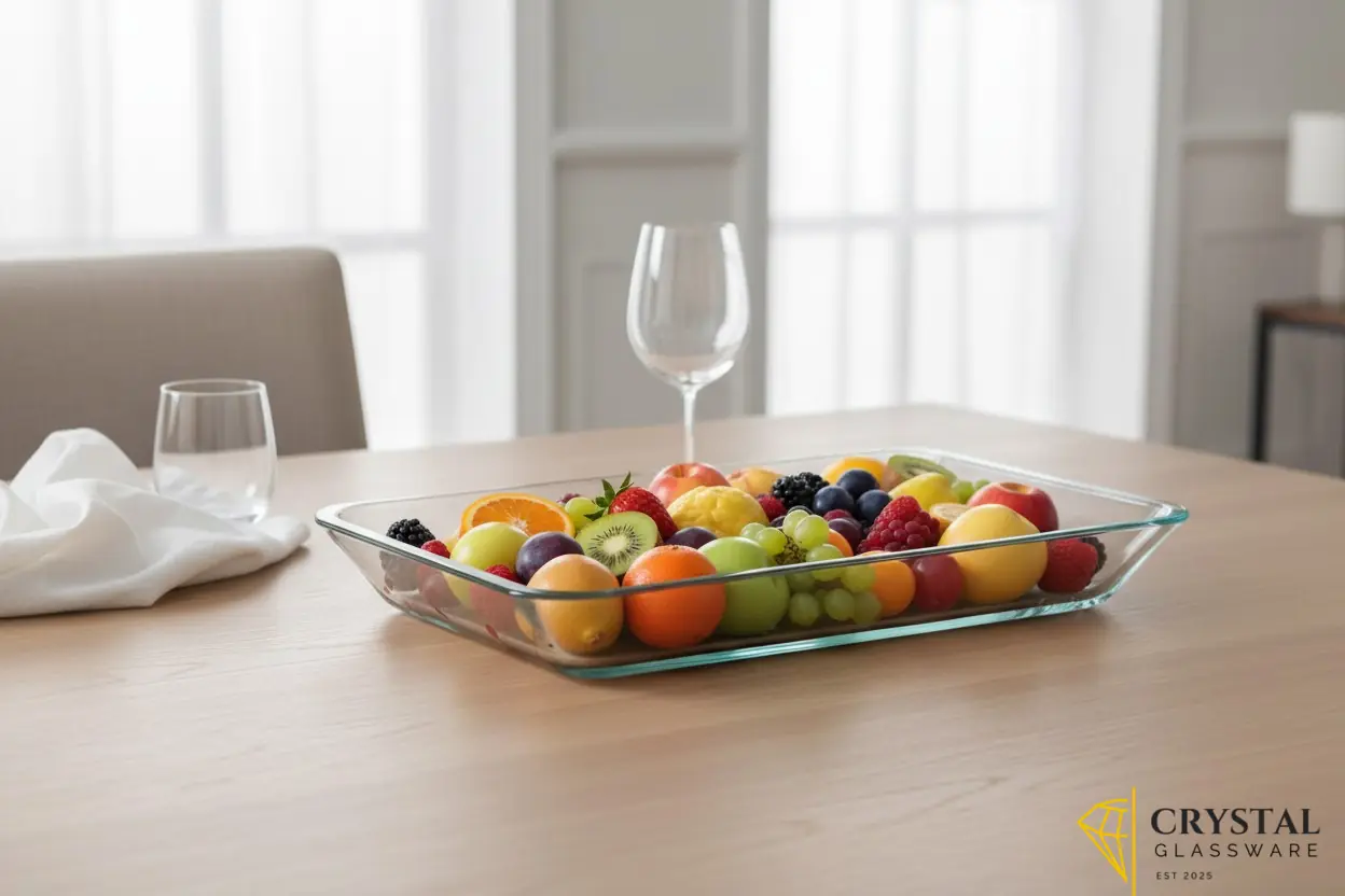 Delisoga  glass serving tray features a transparent, rectangular design perfect for displaying fruits or desserts